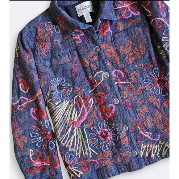 Chico's Denim Embroidered Boho Jacket Wearable Art Beaded Size XL /16 Maximalist - Picture 9 of 13